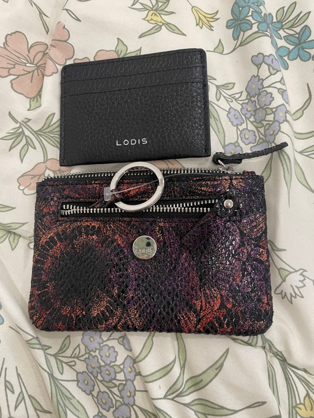 Lodis Black Card Case with Metallic Multi-Color Snake-Effect Zip Pouch